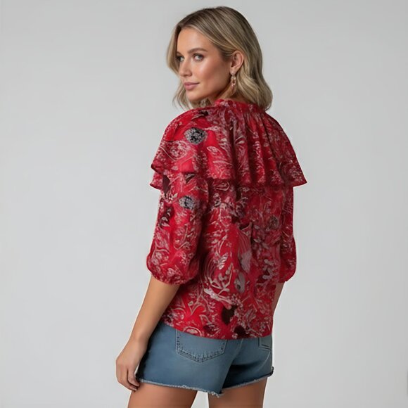 Paisley & Floral Print  Lace Up Front Ruffle Trim Blouse - Picture 2 of 4